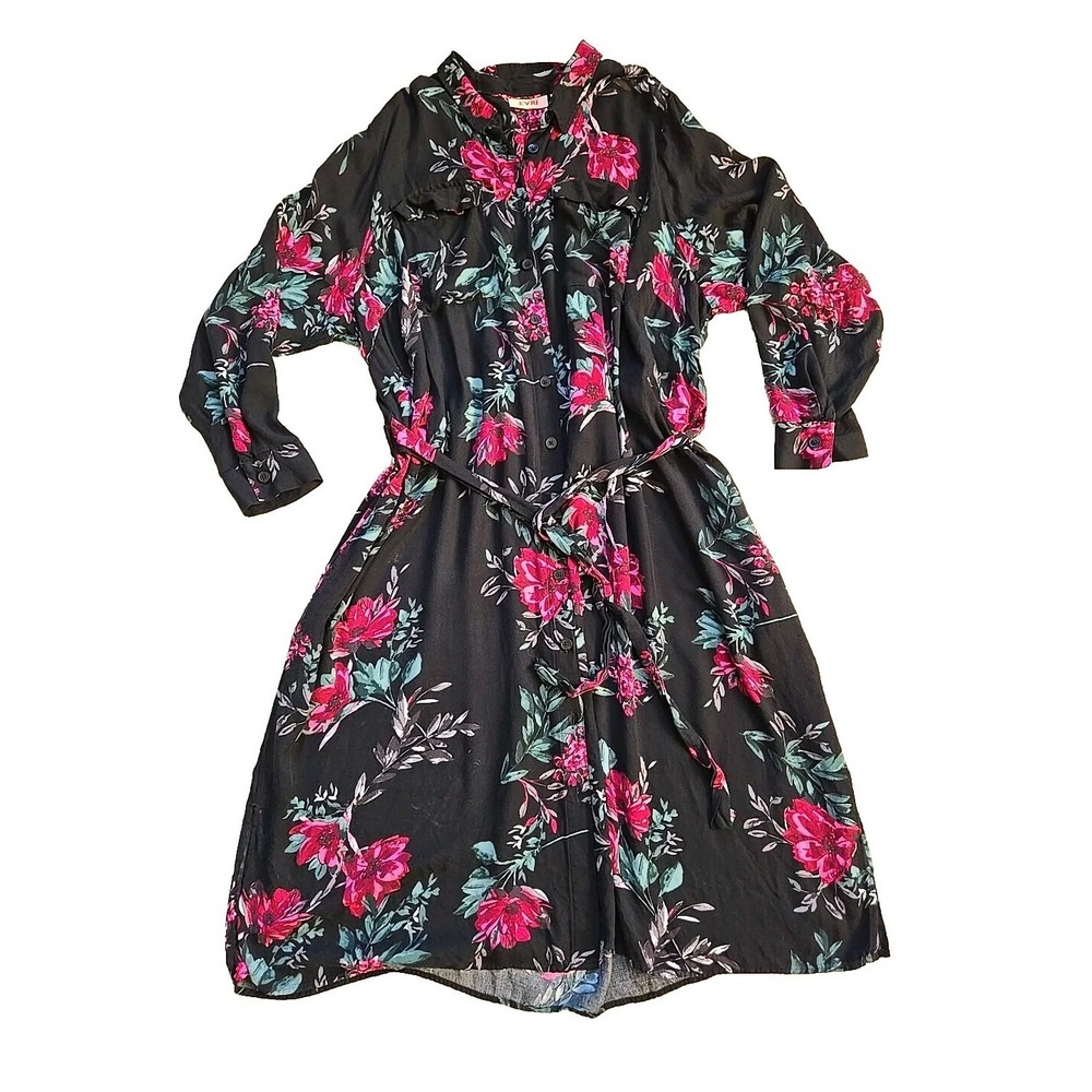 EVRI Black Dark Pink Floral Button Front Shirt Dress Long Sleeve sz 3XL